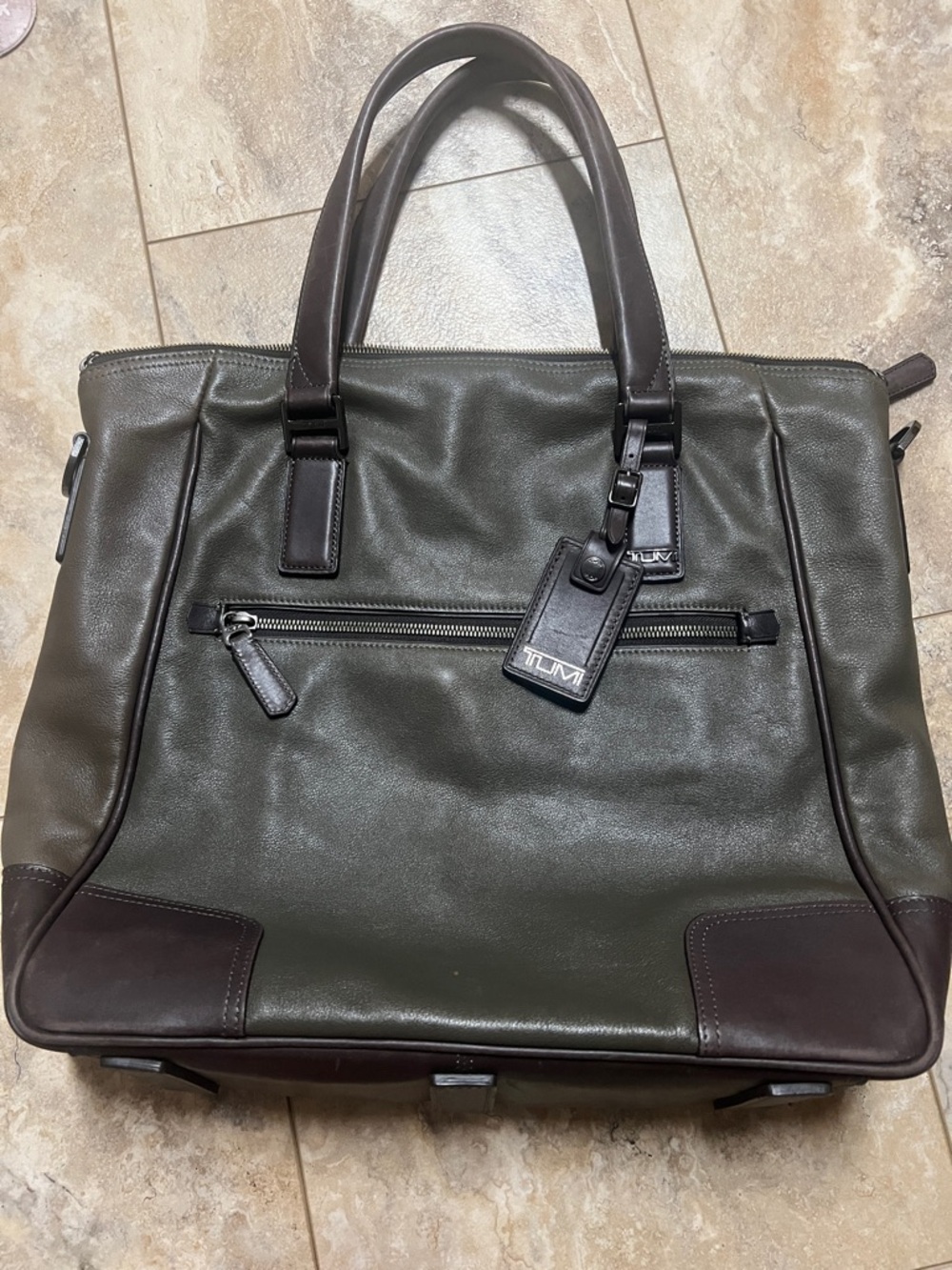 Tumi Olive Green and Dark Brown Leather Brief Bag